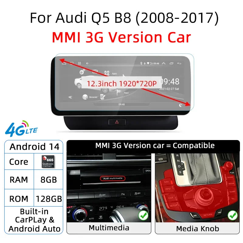 12.3 Android 14 System Car Radio Stereo For Audi Q5 8R 2008-2017 WiFi 4G LTE 8+128GB CarPlay BT IPS Touch Screen GPS