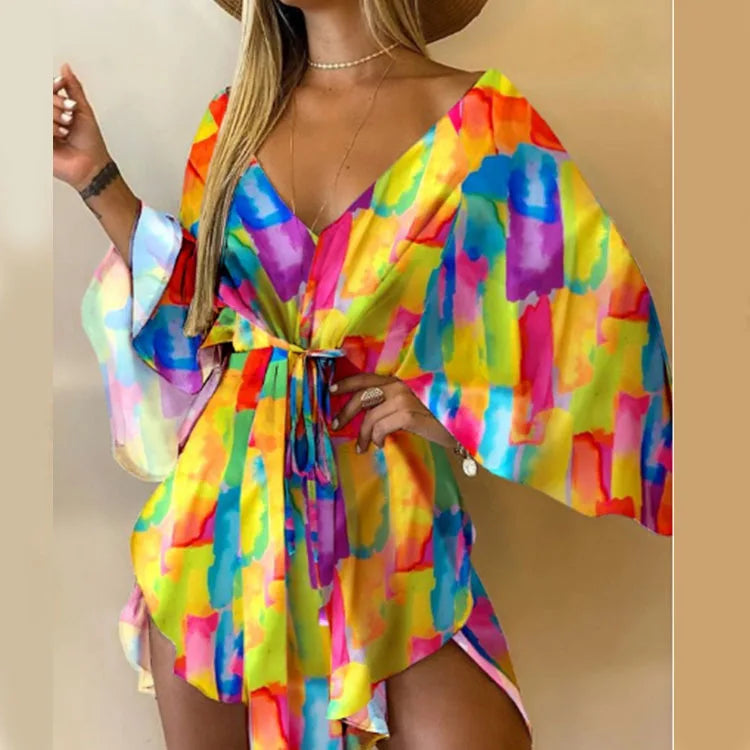 Women's Floral Print Bohemian Beach Sundress – V-Neck Bat Sleeve Ruffle Loose Summer Mini Dress