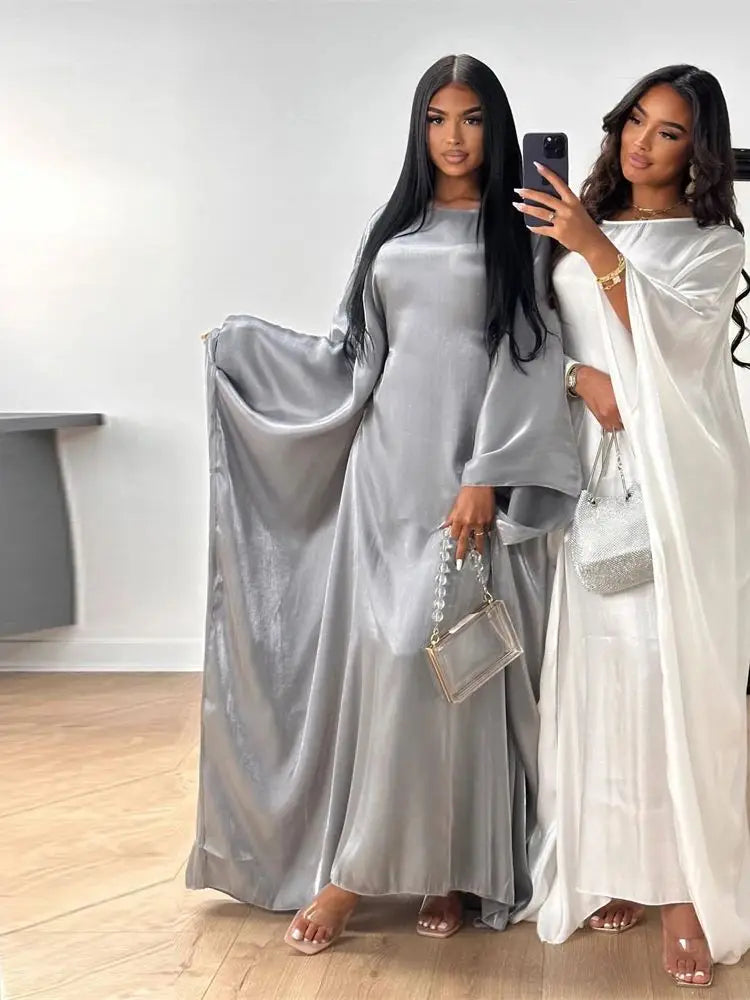 Shimmer Batwing Satin Abaya – Luxury Muslim Kaftan Dress for Eid & Ramadan