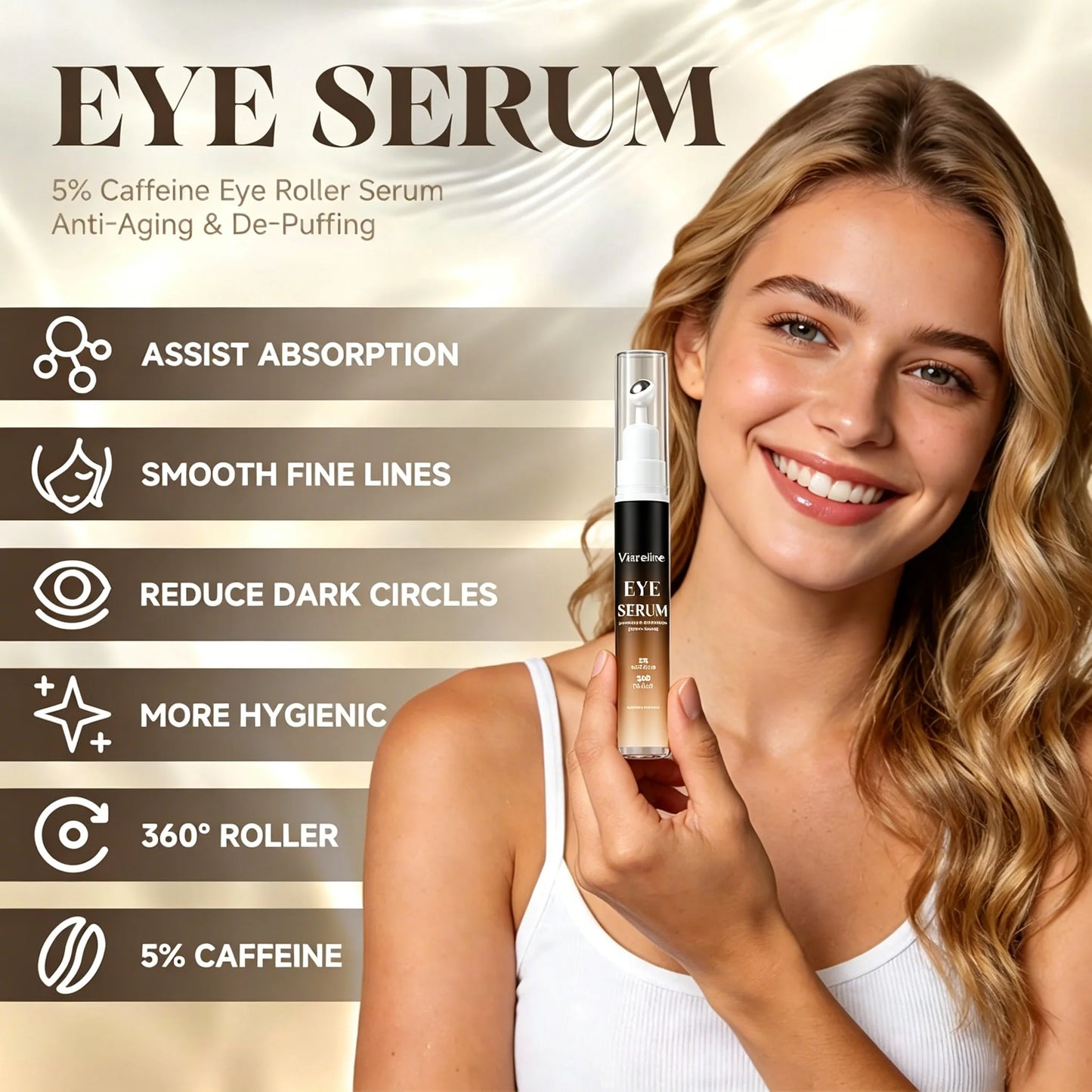 Eye Cream with 360° Roller, Anti Aging Treatment for Wrinkles & Fine Lines, Caffeine Under Eye Serum for Dark Circles &Puffiness