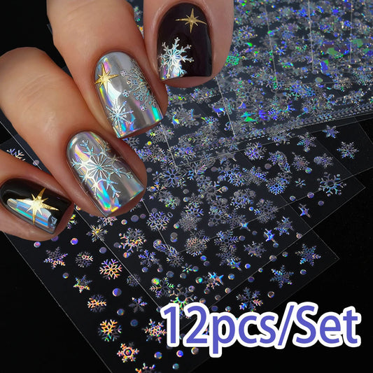 12 Sheet Laser Silver Snowflake and Snowball Nail Stickers - 3D Santa Snowman