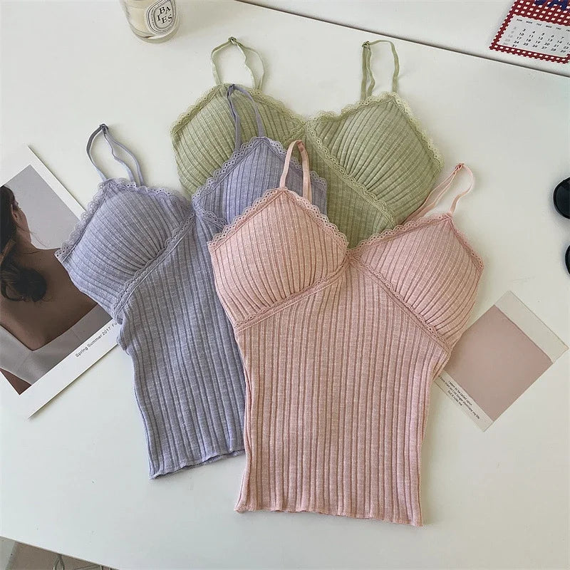 Korean Lace Deep-V Tank Top — Women's Padded Crop Camisole