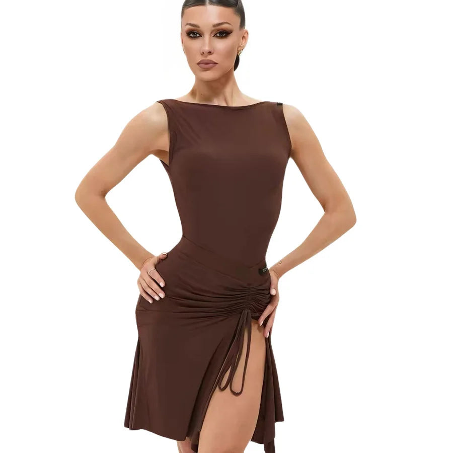 Sleeveless ruched Latin practice dress with asymmetric hem