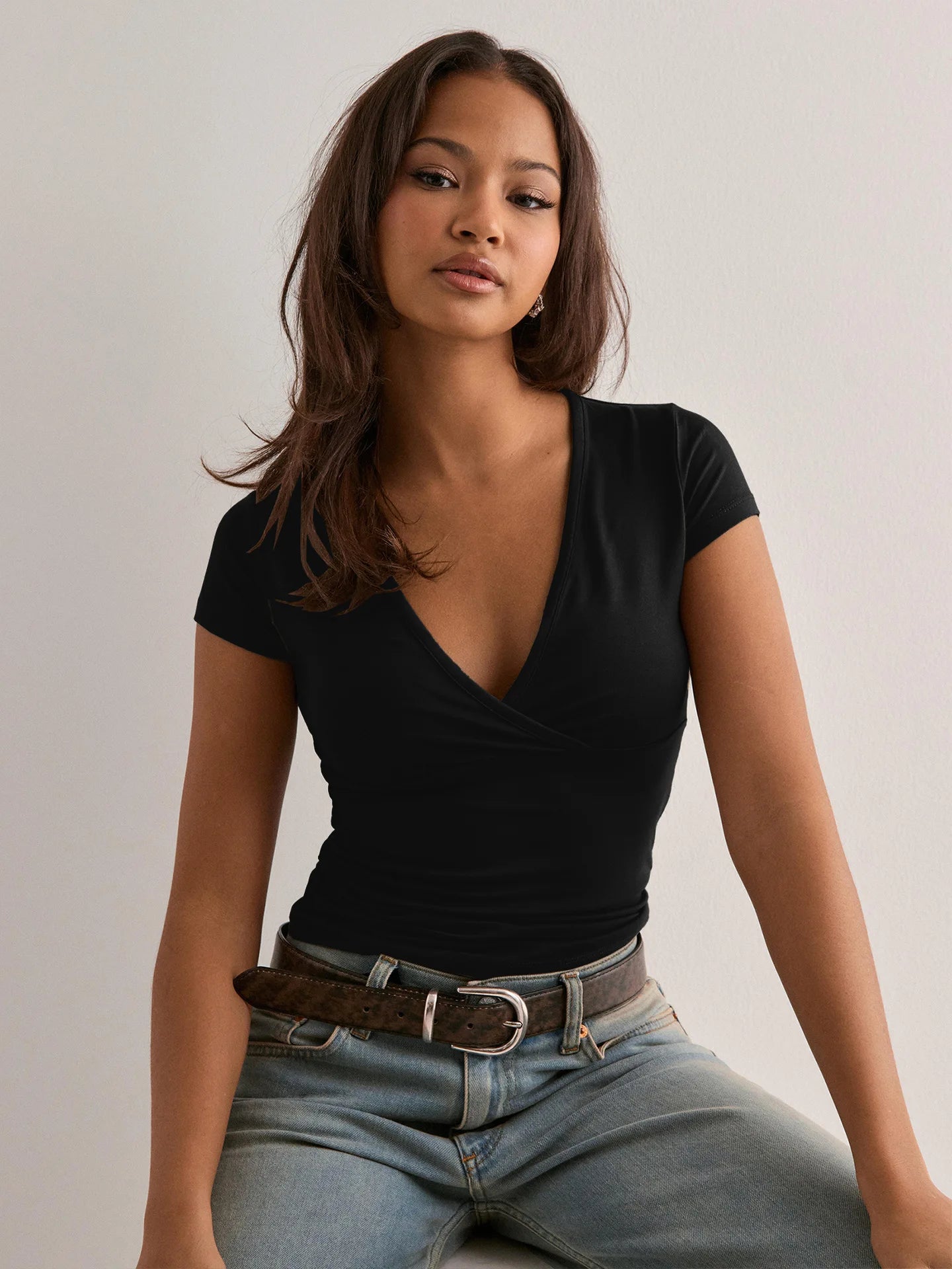 2026 Summer New Fashion Women's T-Shirt Solid-Color Slim-Fit V-Neck Short-Sleeve Top Y2k Clothing
