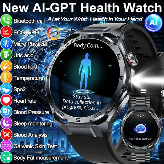 2026 New Body Fat AI Analysis Health Smart Watch ECG+PPG Uric Acid BP Blood Oxygen Call AMOLED Screen Smart Watch For Men Women