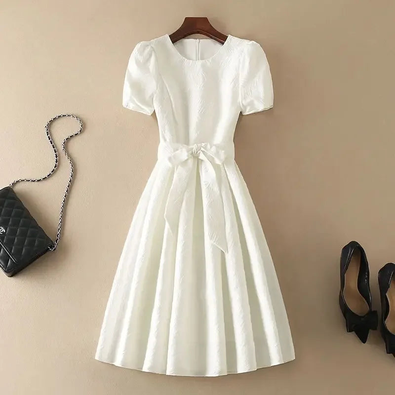 Women's White Midi Party Dress - Elegant Bow Evening Dress - photo 5