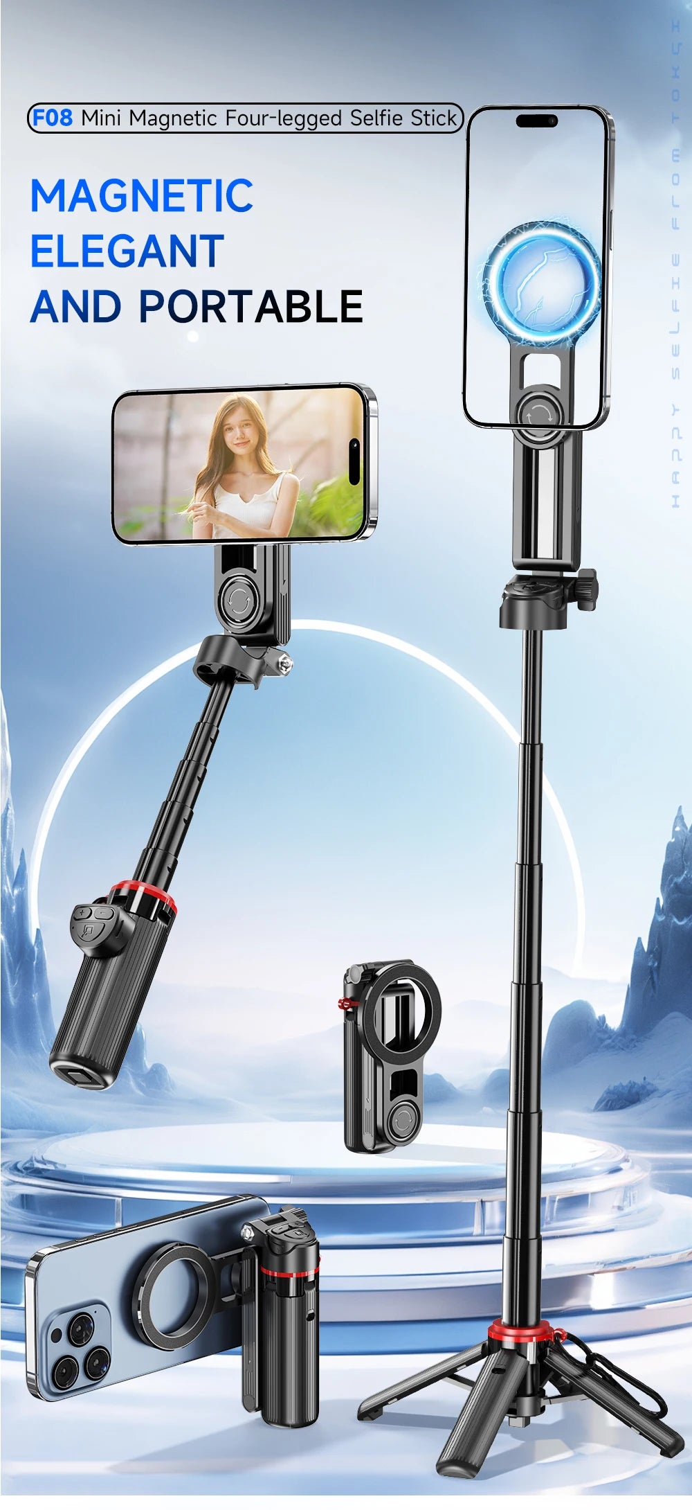 Mini Magnetic Selfie Stick Tripod Removable Remote Control Quadrapod Holder 360° Rotation for iPhone 16 15 14 13 12 Vlog Live