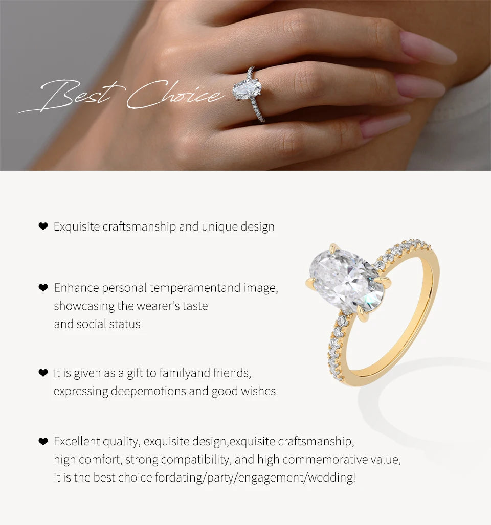 ATTAGEMS Oval Cut 3.0CT All Moissanite Rings forWomen 925 Sterling Silver Gold Plated Engagement Ring Fine Jewelry Drop Shipping