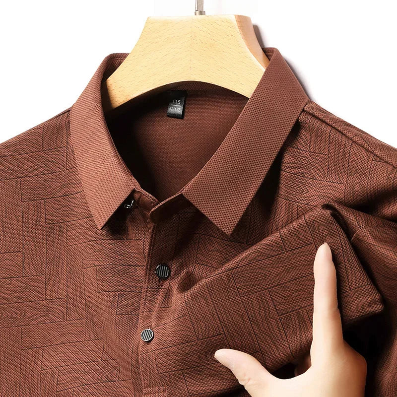 Men's Print Lapel Polo - Wood-Tile Pattern, Half-Button Placket