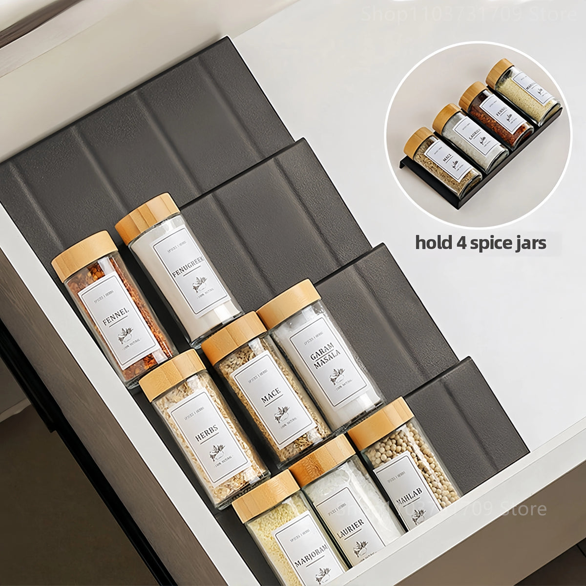 4-Tier Spice Drawer Organizer - Adjustable Insert for Spice Jars