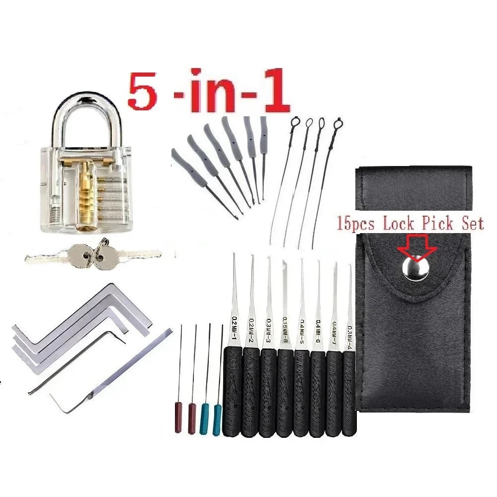 4-in-1/5-in-1 Lock Picking Kit, 10/12/15Pcs Locksmith Supplies with Transparent Lock & Storage Bag for Locksmith Training