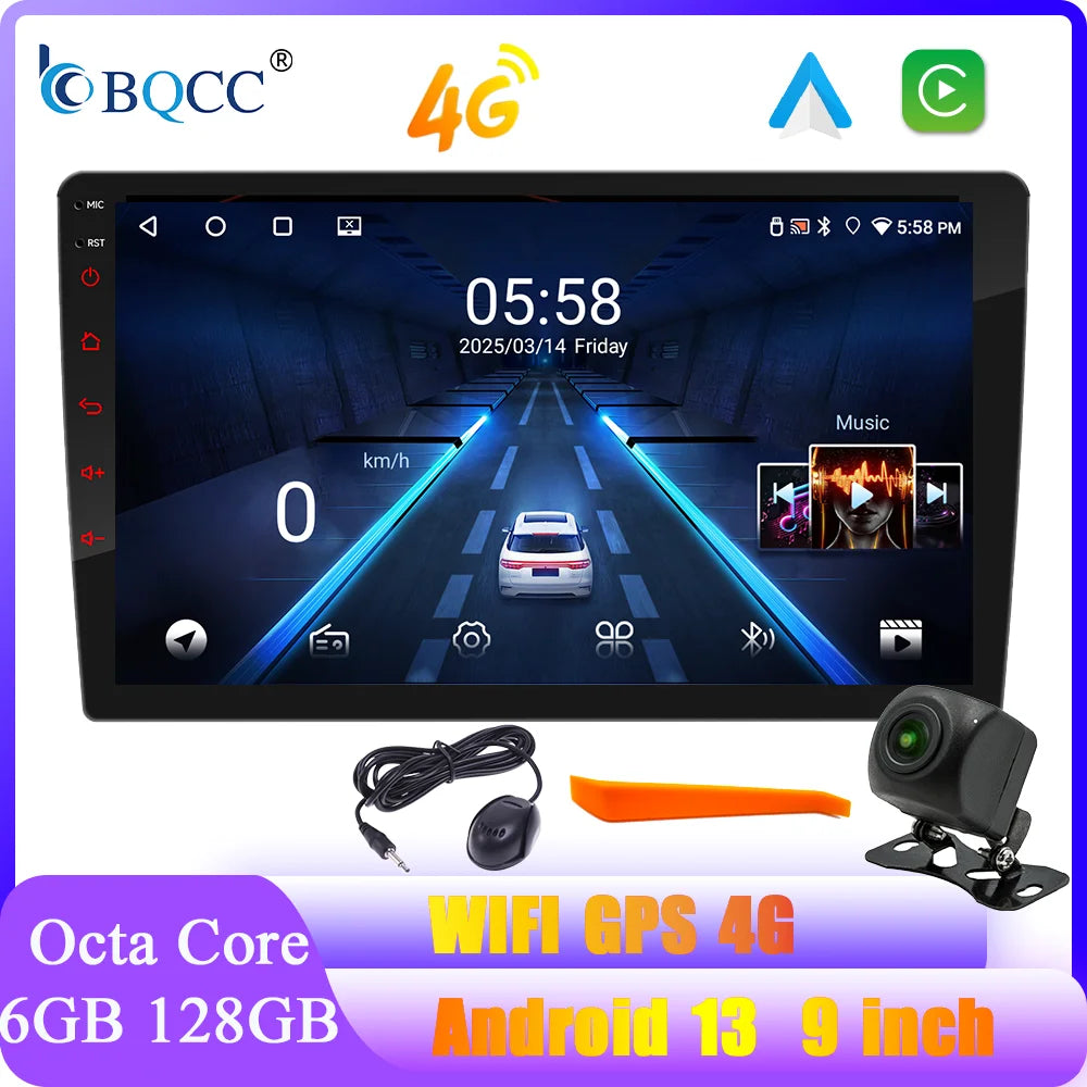 BQCC 9" 2-DIN Android Car Stereo — Octa-Core 6GB+128GB, CarPlay, GPS, 4G, WiFi, MirrorLink