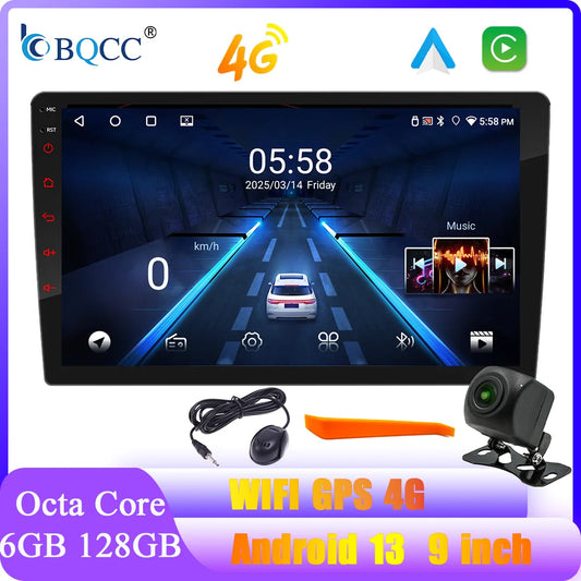 BQCC 9" 2-DIN Android Car Stereo — Octa-Core 6GB+128GB, CarPlay, GPS, 4G, WiFi, MirrorLink