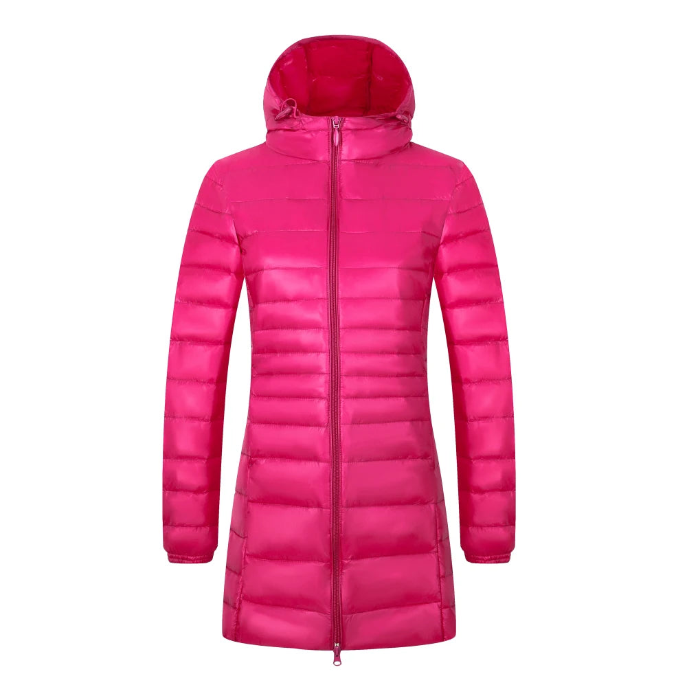 Women's Long Puffer Coat with Storage Bag - Light Hip-Length Jacket - photo 18