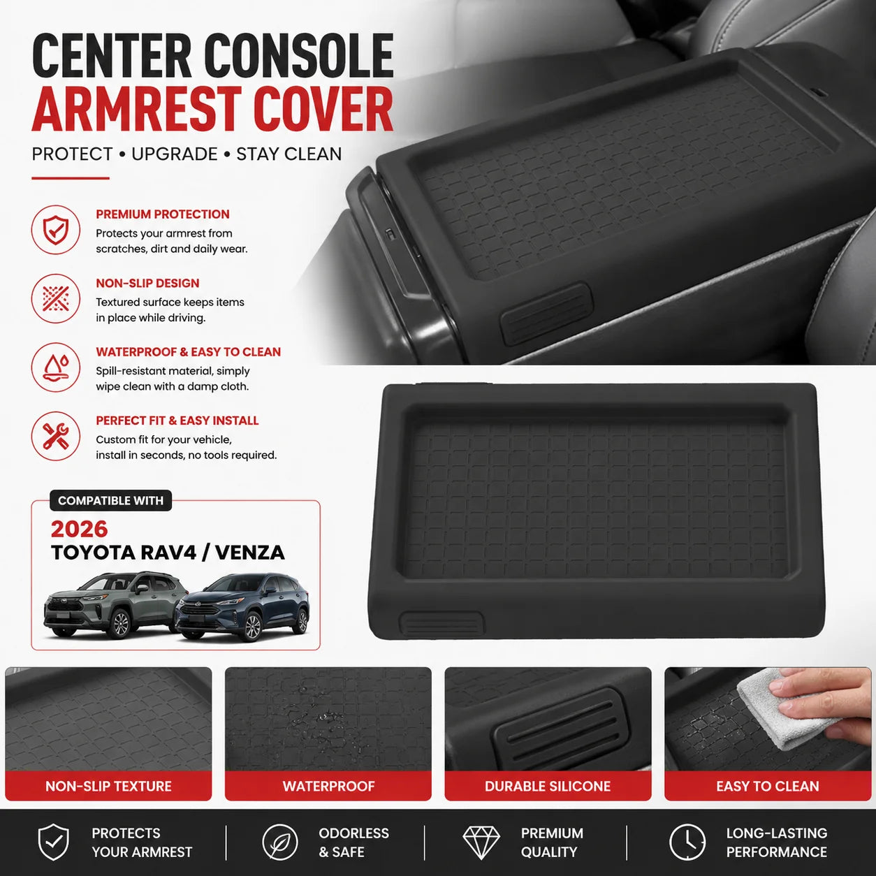 Center Console Armrest Cover for 2026 Toyota RAV4/Venza Anti-Scratch Silicone Protector Pad Car Interior Accessory