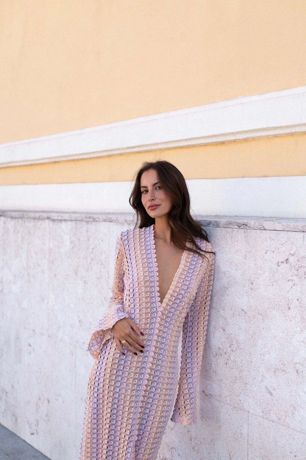 Crochet Colorful Stripe Flare Sleeve Maxi Dress Women V-neck High Split Sexy Lace Long Dresses 2026 New Beach Banquet Vestidos