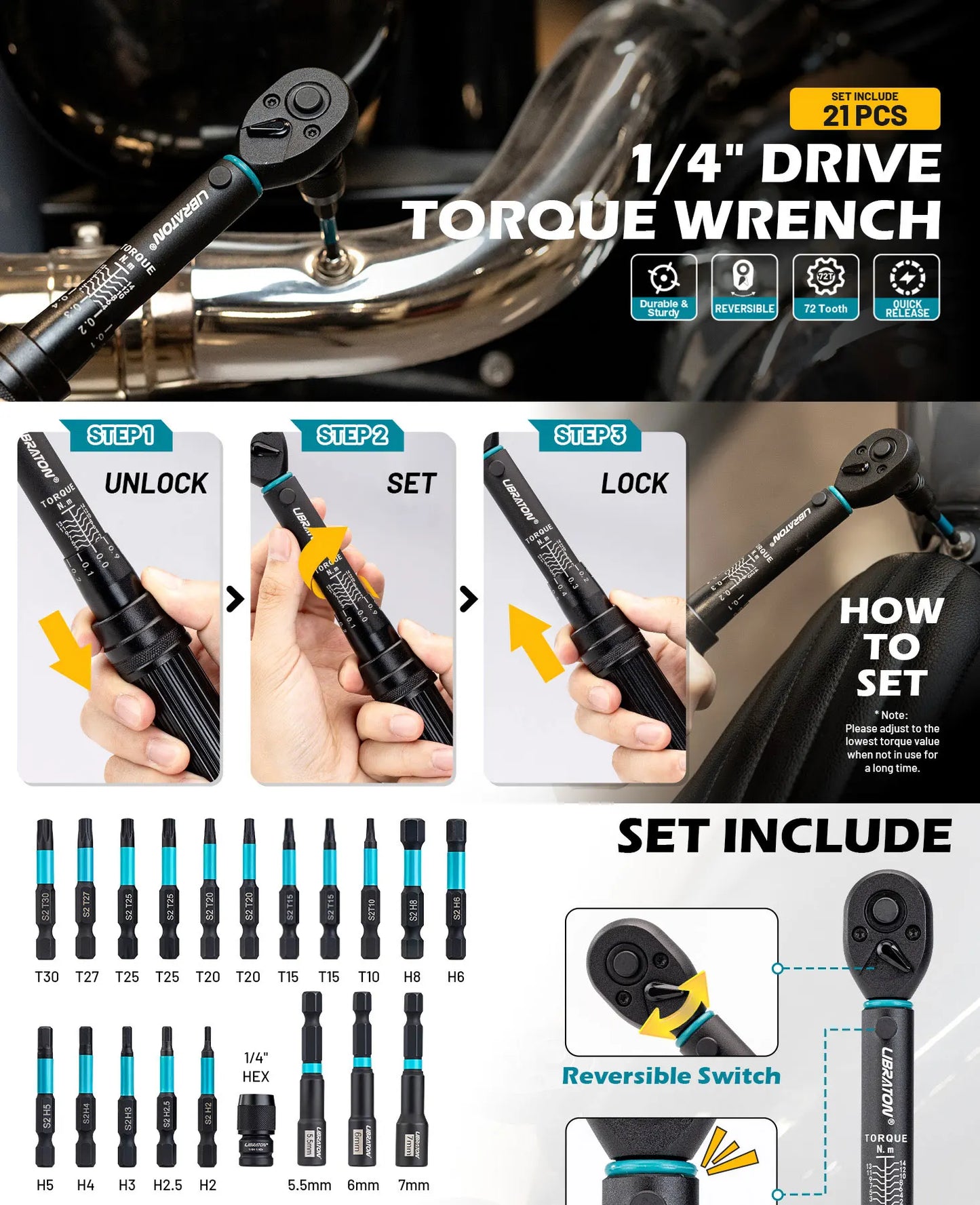 1/4" 2-14Nm Bike Torque Wrench 21pcs Bike Torque Wrench Set Socket Spanner with Impact Bit Bicycle Motorcycle Ratchet Repair Kit