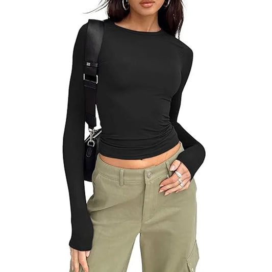 Stylish Women's Long Sleeve Crew Neck Slim Fit Crop Top - photo 2