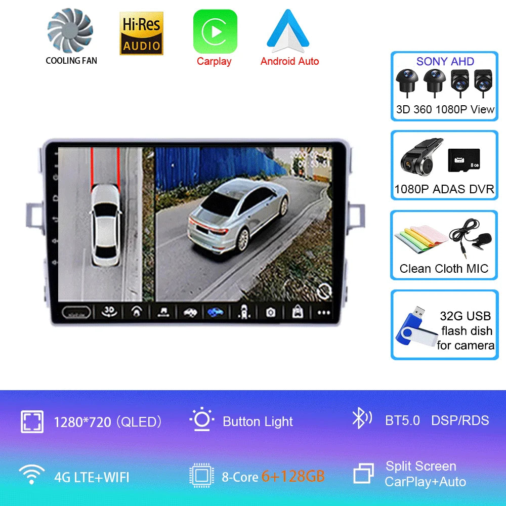 Android Car Stereo for Toyota Verso R20 (2010–2016) — CarPlay, Android Auto, GPS, 4G, RDS, DSP, IPS