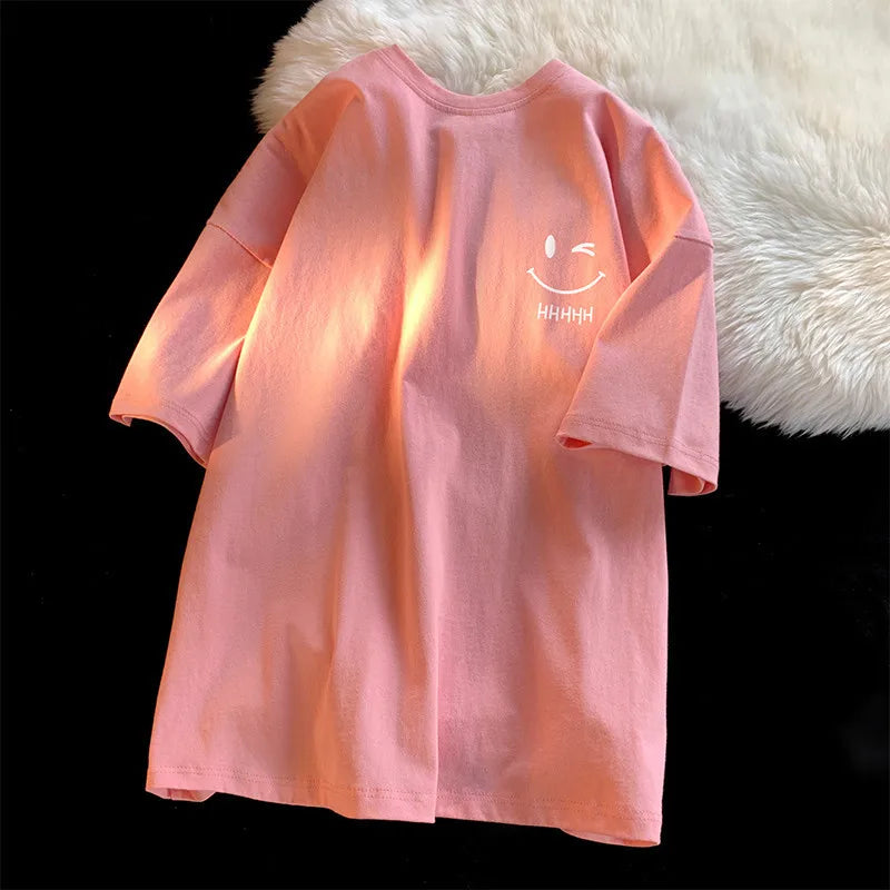 Smiley Face Print T-Shirt — Unisex Oversized Casual Short-Sleeve Tee