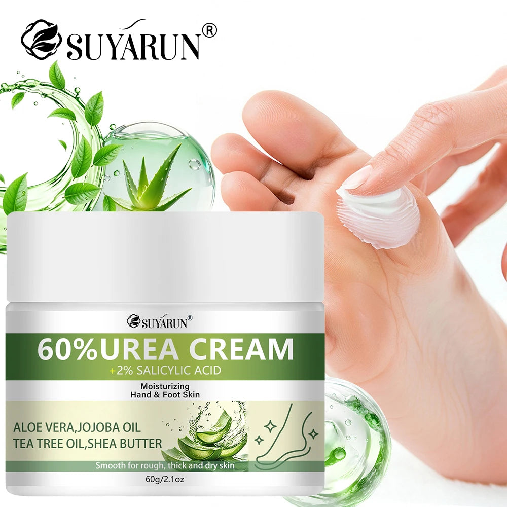 SUYARUN 60% Urea+2% Salicylic Acid Exfoliating Foot Cream, Aloe & Tea Tree, Soothing Moisturizing & Hydrating for Cracked Heels.