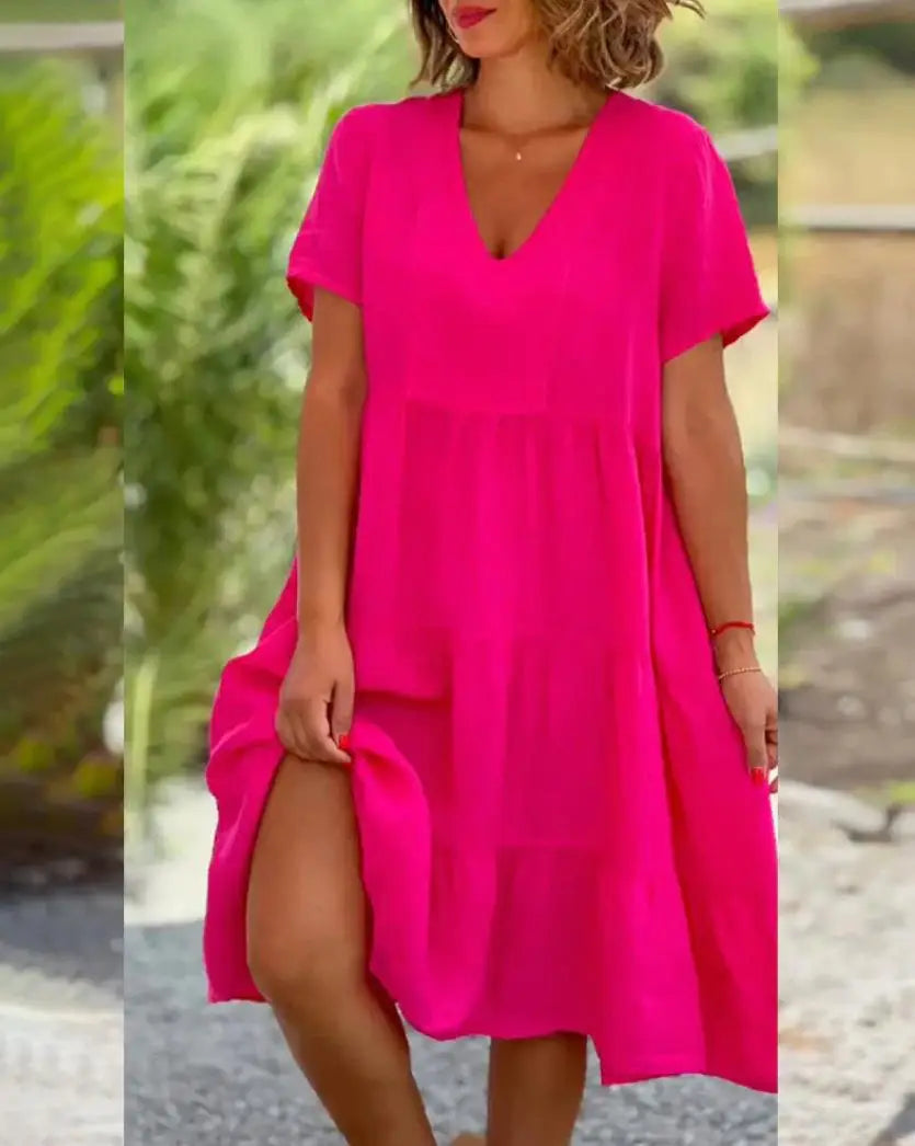Cotton Linen Casual Women's Dresses 2026 Spring/Summer Sweet  Short Sleeve Solid V-neck Large Swing Loose Dress  S-5XL