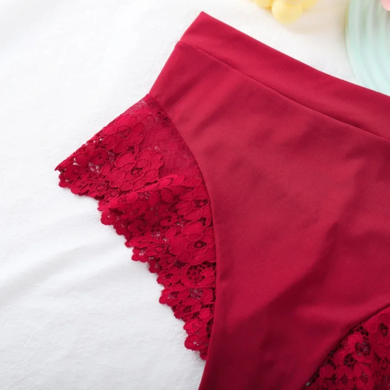 Women's High Waist Panties Sexy Underpants Spliced Lace Lingerie Bowknot Cotton Crotch Thongs Perspective Solid Color Underwear