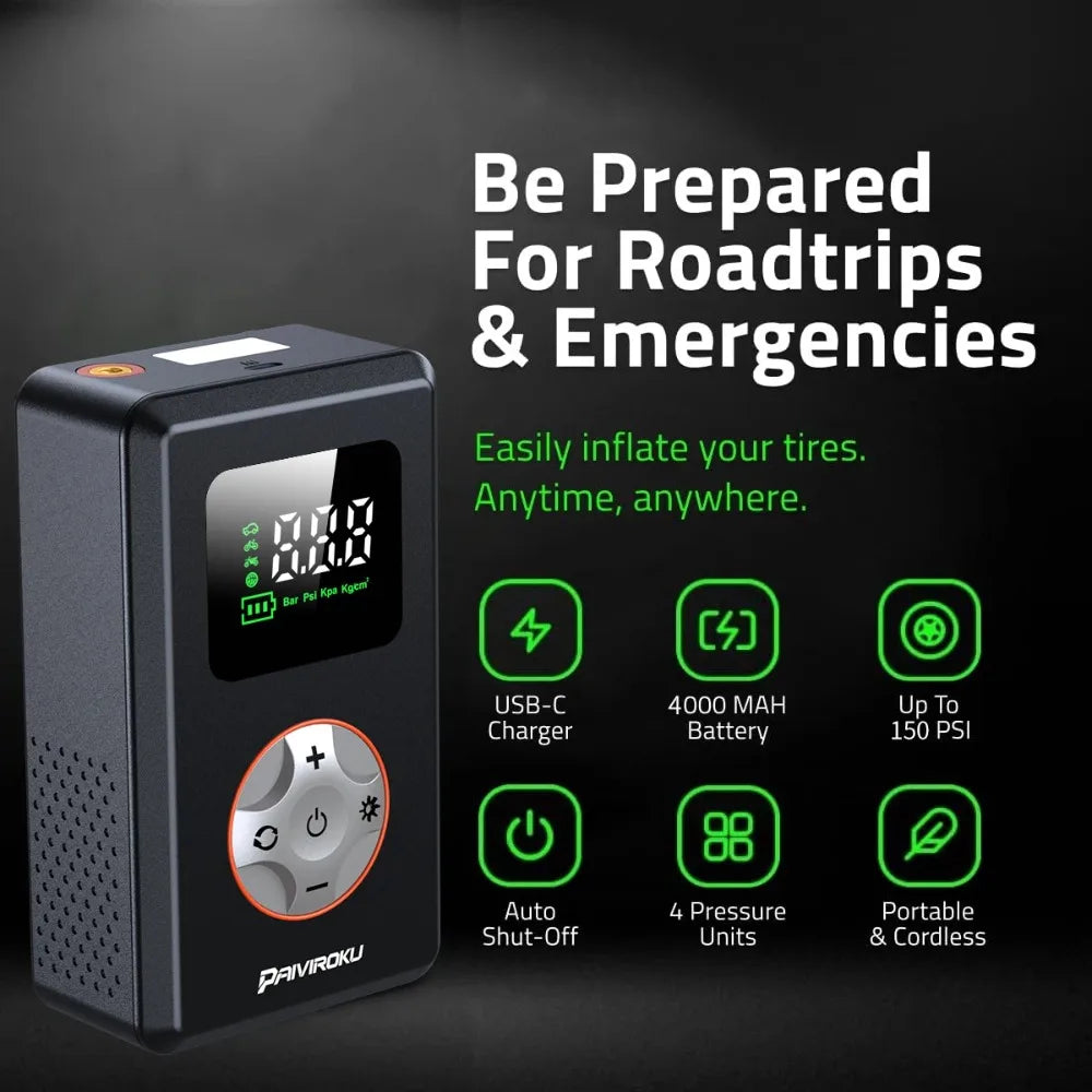 Tire Inflator Portable Air Compressor 150 PSI Cordless Mini Bike Tire Pump, Air Pump for Car with Pressure Gauge, LED Light