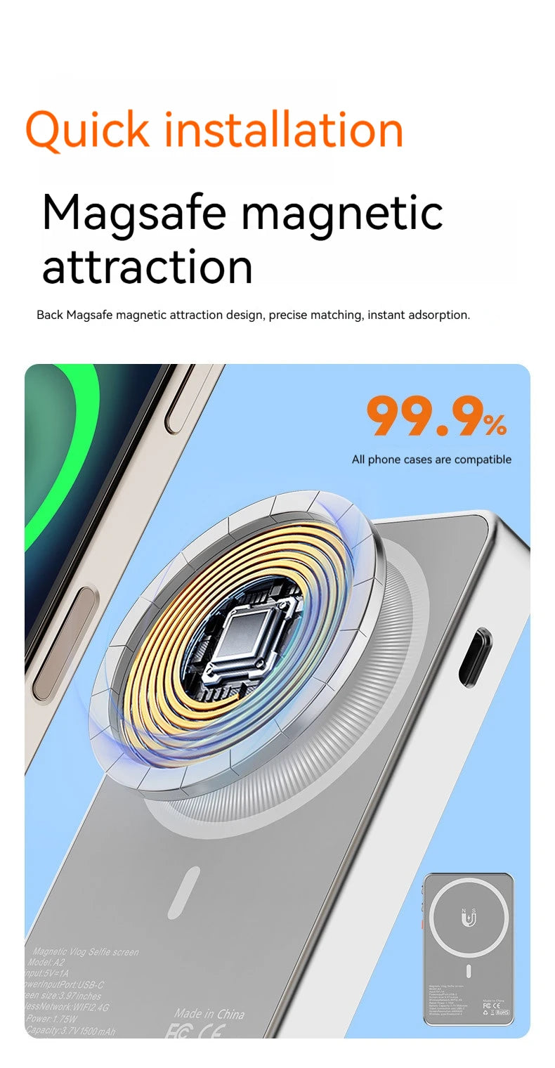 Magnetic Phone Selfie Monitor Screen,For IPhone And Android Smartphones Rear Camera For Real-time Selfie Video Streaming