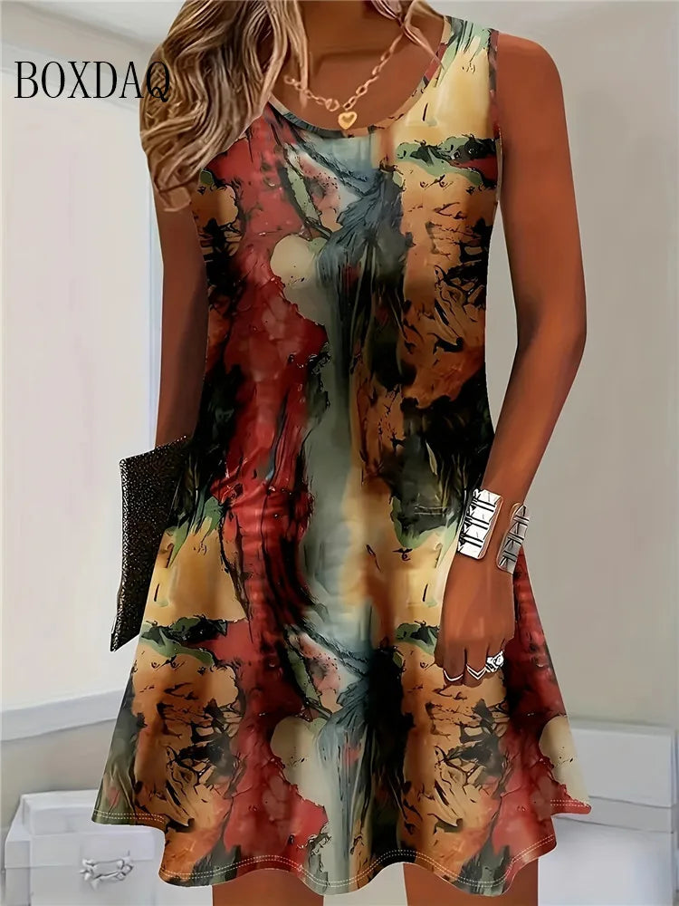 2026 Women Summer Sleeveless Bohemian Dress Fashion Imitate Cowboy Vest Flowers Print Dress Casual Tank Beach Dresses For Women