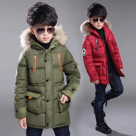 Kids Hooded Puffer Coat with Fur Collar - Mid-Length Winter Jacket