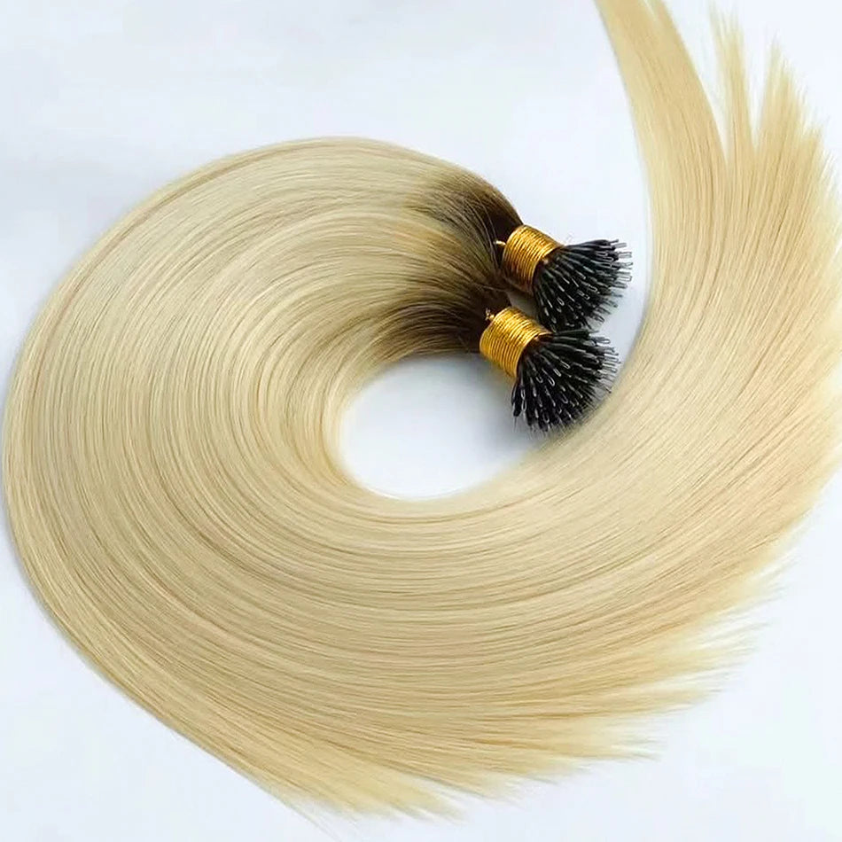 Straight Nano Rings Tip Hair Extension Ombre Natural Virgin 100% Human Hair Bulk Blonde Bundles Micro Beads Wholesale keratin