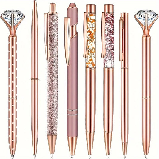 Rose Gold Crystal Ballpoint Pen Set, 8-Pack
