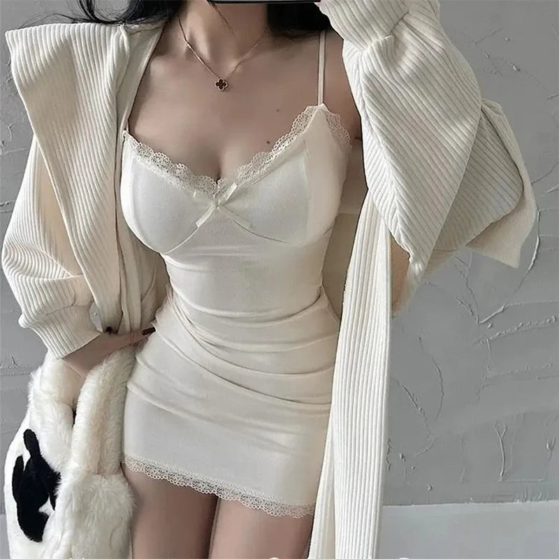 Women's Lace Suspender Slim Bodycon Mini Dress – Low V-Neck Hip Skirt with Breast Pads | S–XL (Apricot, Black, Gray, Brown)