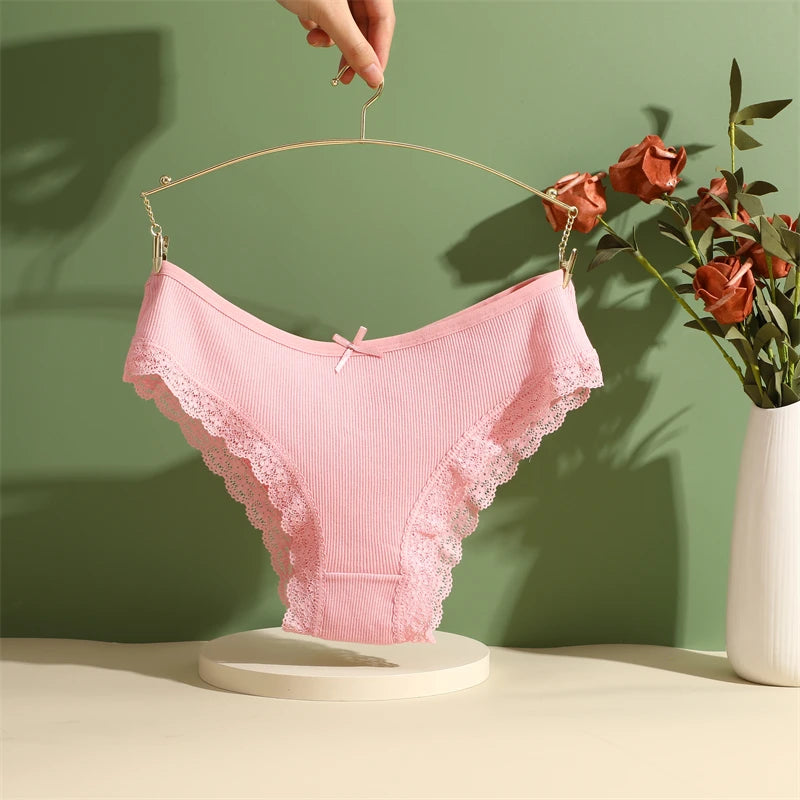 2PCS Cotton Panties for Women Sexy Lace Brazilian Briefs Female Low-Waist Cross Webbing Underpants Stretch Breathable Intimates