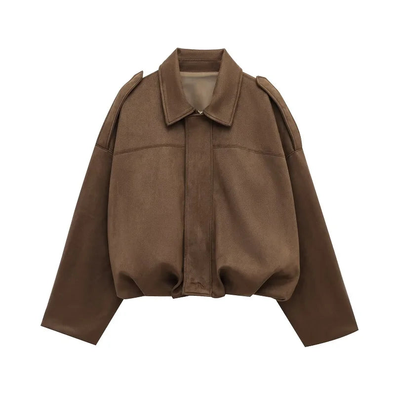 Women's Faux Suede Varsity Bomber Jacket - Oversized Padded Coat - photo 5