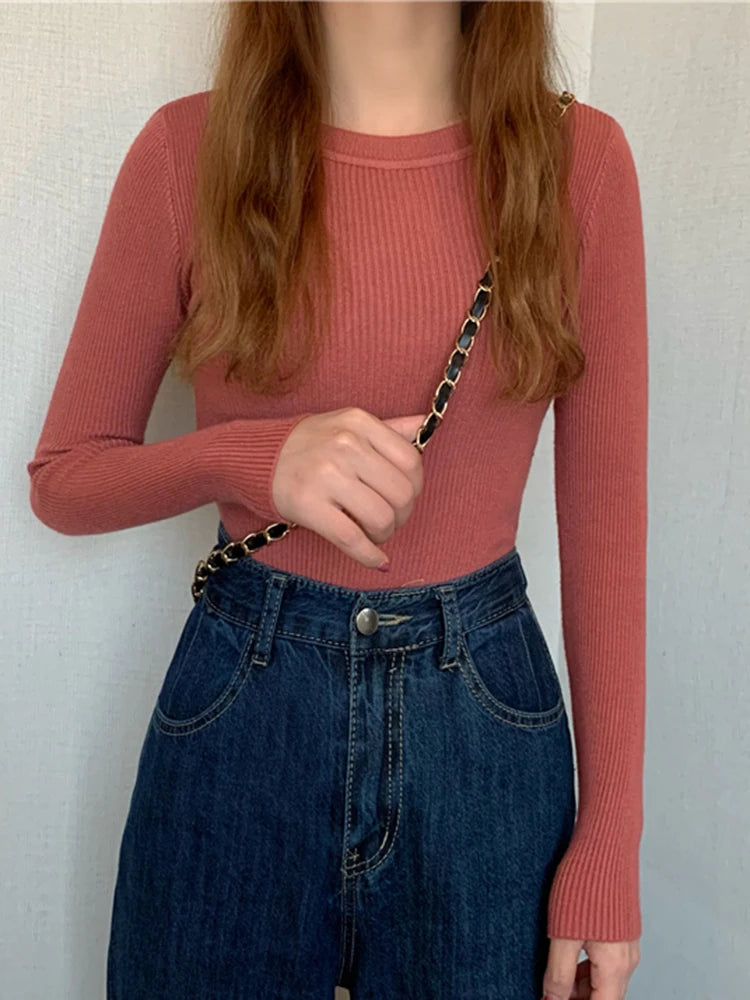 Women Sweater 2026 Autumn Winter Long Sleeve Pullover Basic Top Fashion O-neck Elastic Female Winter Solid Knitted Jumper