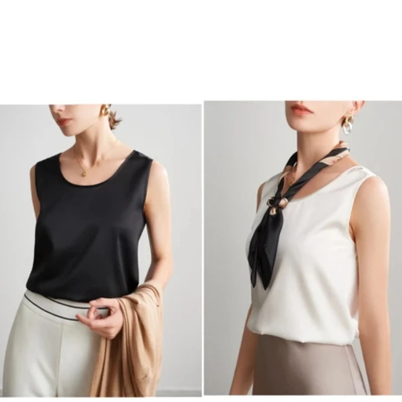 Summer Satin Mulberry Silk Tank Top Casual Versatile Champagne Tops Woman 2026 New Fashion Elegant Vest Loose Sleeveless T-shirt