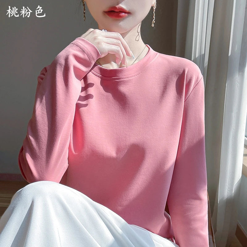 Spring And Summer New Mercerized Cotton Long Sleeve T-shirt Women's Round Neck Loose 100% Cotton Bottoming T-shirt