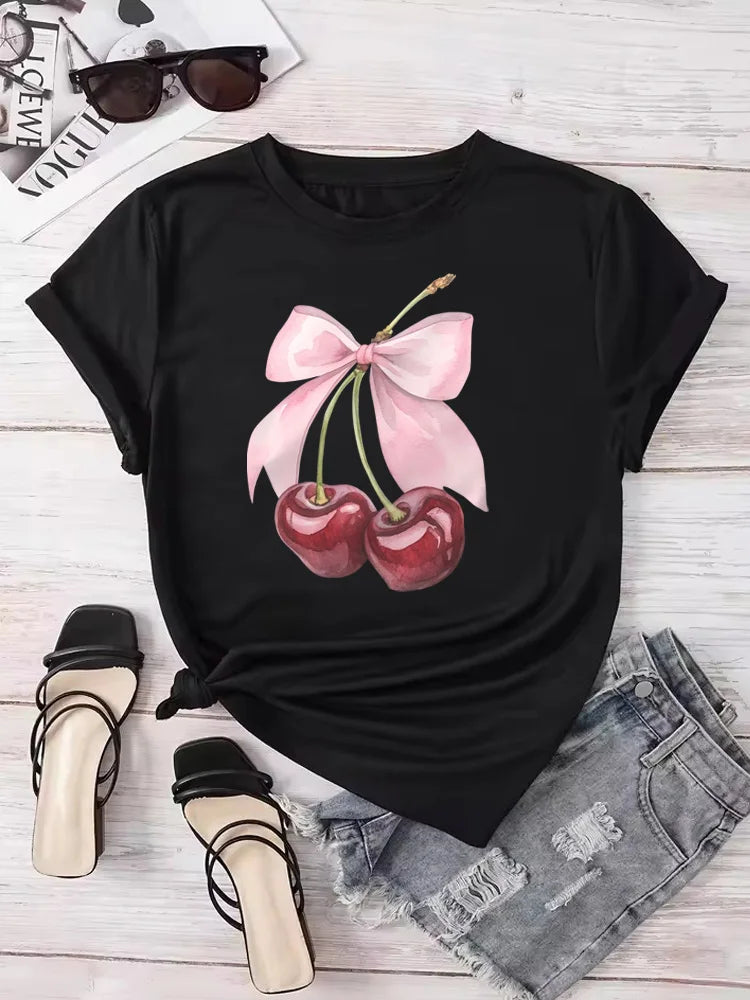 Women's Cherry-Print Tee — Crew-Neck Casual Short-Sleeve Top