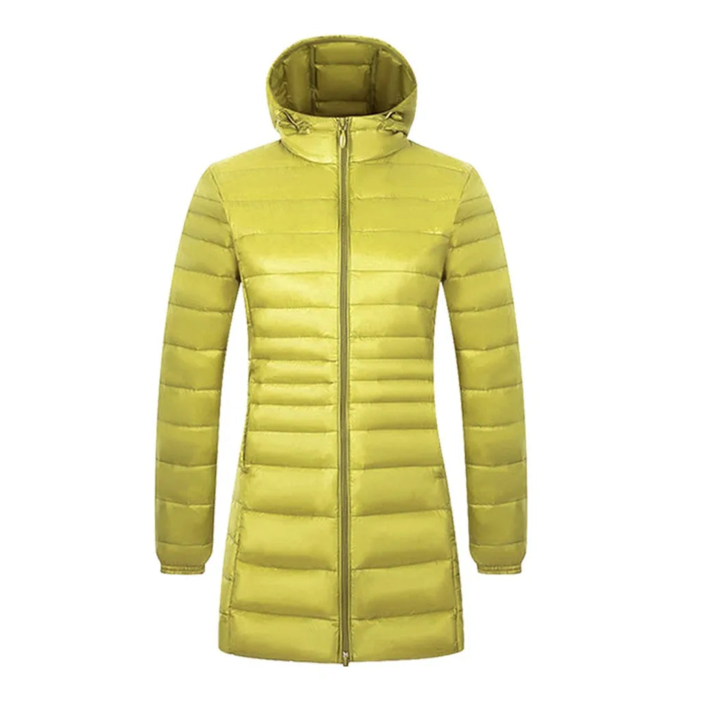 Women's Long Puffer Coat with Storage Bag - Light Hip-Length Jacket - photo 14