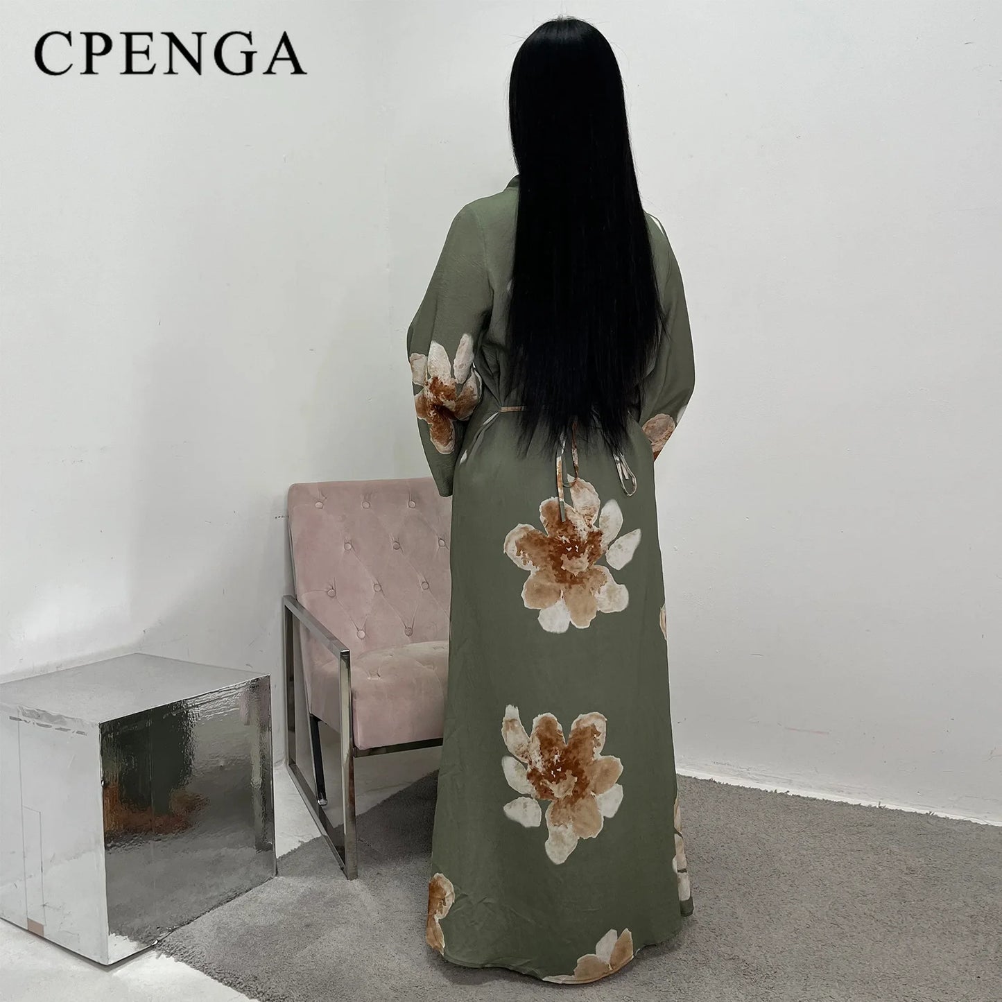 Arabesque Bell Sleeve Flowy Maxi Abaya Dress Elegant Floral Print Muslim Modest Long Dress Islamic Vacation Outfit Summer Robe