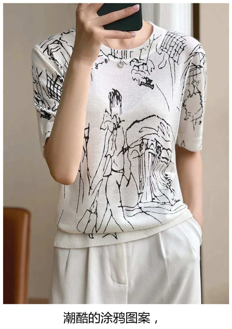 Summer Women's Thin Section Graffiti Digital Jacquard Round Neck Fine Imitation Wool Knitted Short-sleeved T-shirt  Pullover Top
