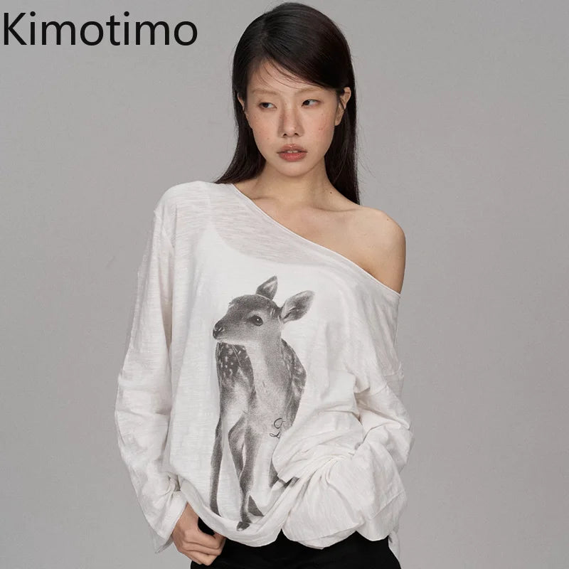 Kimotimo Summer Print Off Shoulder Long Sleeve T-shirt Women 2026 New Casual Transparent Loose Lazy Top Kpop Fashion Y2k Tees