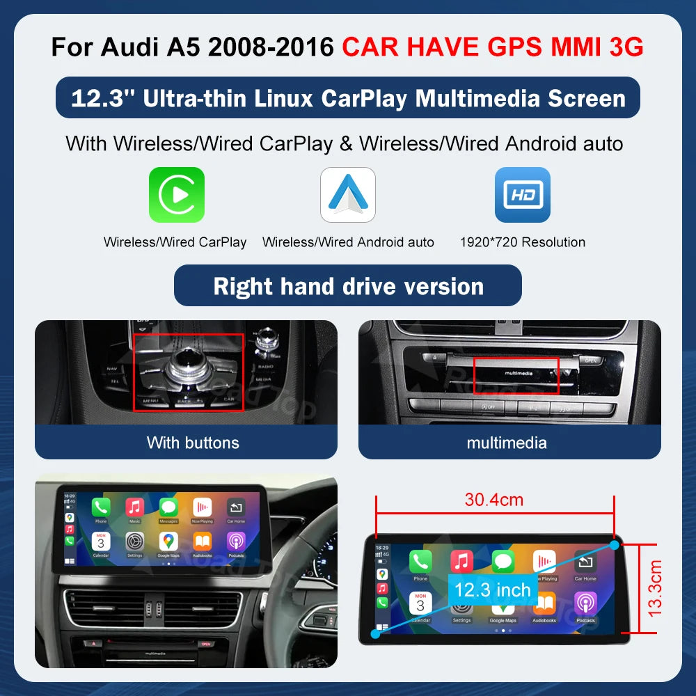 8.9 Inch 12.3"" Multimedia Display Touch Screen For Audi A5 S5 2008-2016 Airplay Miracast Function Wireless Carplay Android Auto