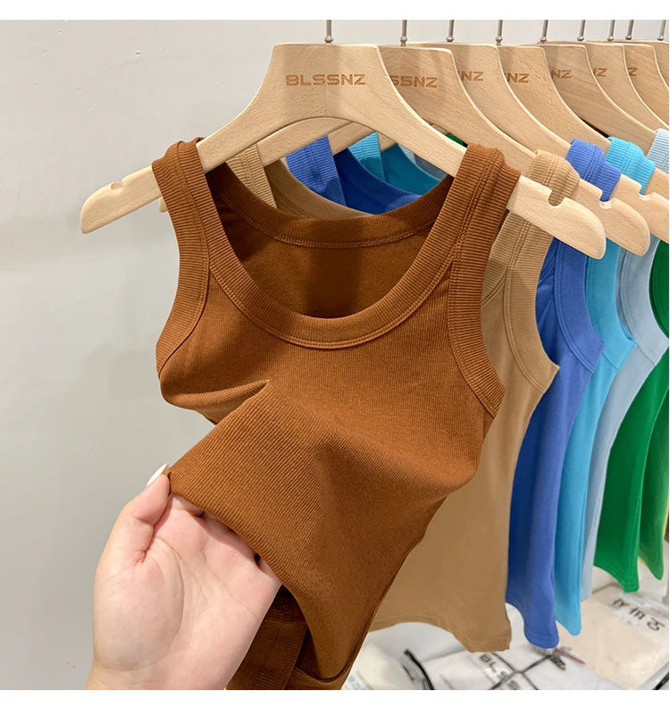 AOSSVIAO Women Solid Round Neck Ribbed Tank Top Camisole Women 2026 Summer Basic Elastic Tank Top O Neck Solid Tank Top