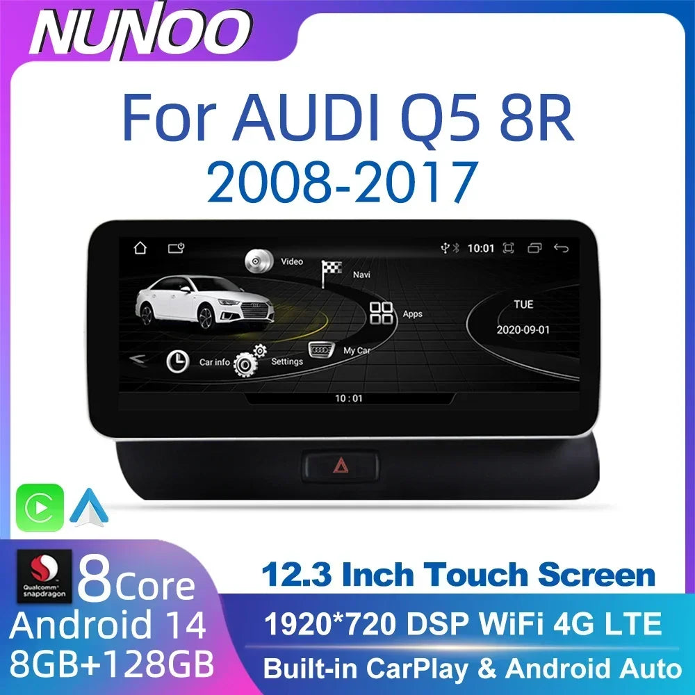 12.3 Android 14 System Car Radio Stereo For Audi Q5 8R 2008-2017 WiFi 4G LTE 8+128GB CarPlay BT IPS Touch Screen GPS