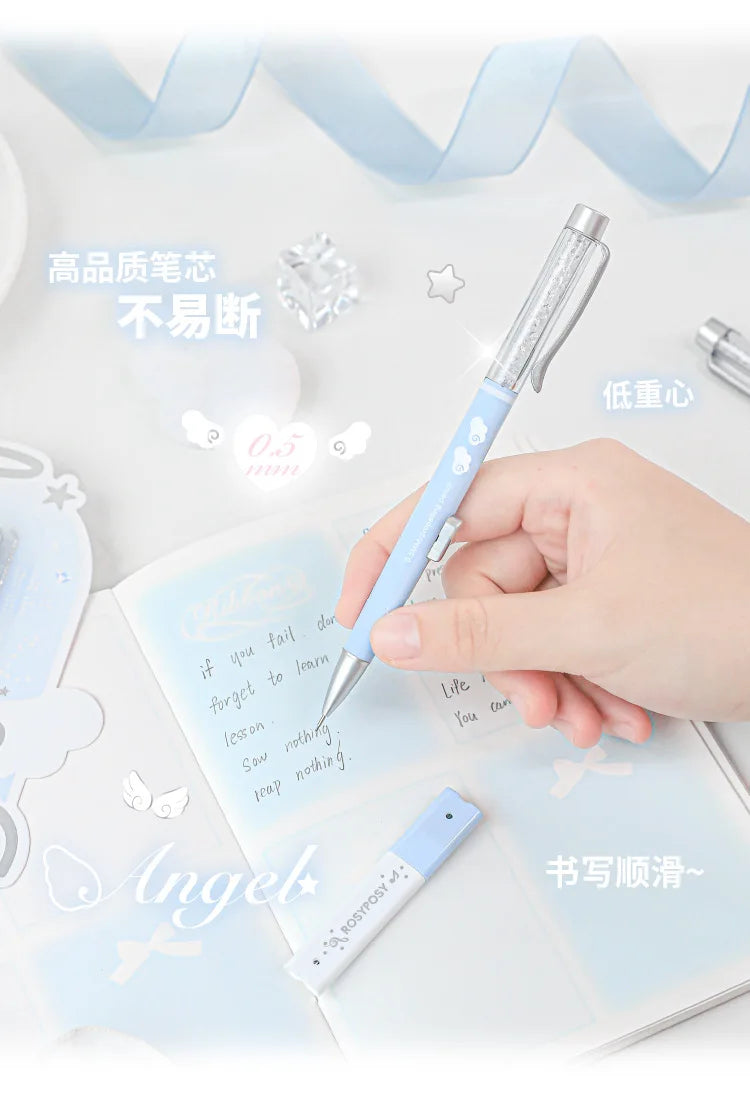 Angel Automatic Lead Set High Appearance Girl Heart Shiny Crystal Pen Holder 0.5HB Student Button Pencil and Lead Core