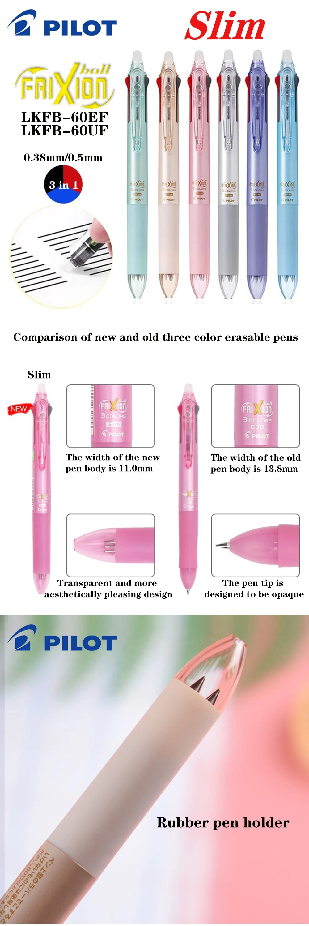 Japan Pilot Frixion Pen 3 in 1 Erasable Gel Pen 3 Colors 0.5mm /0.38mm LKFB-60EF Slim Pen Holder Back To School Stationery