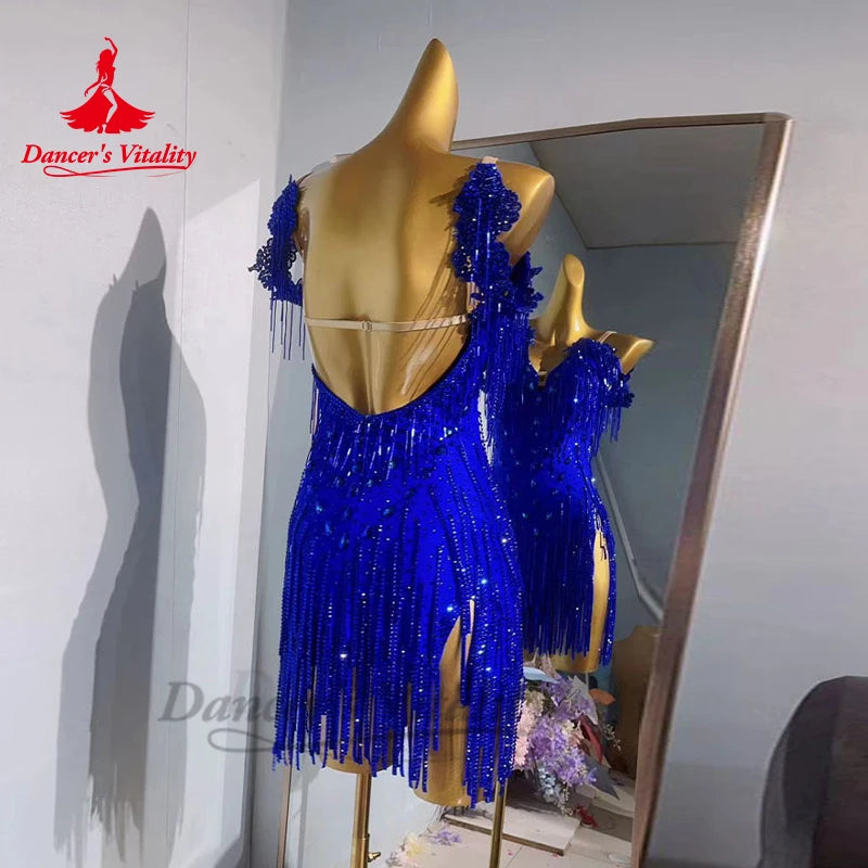 Women's fringe-skirt Latin competition dress with stones